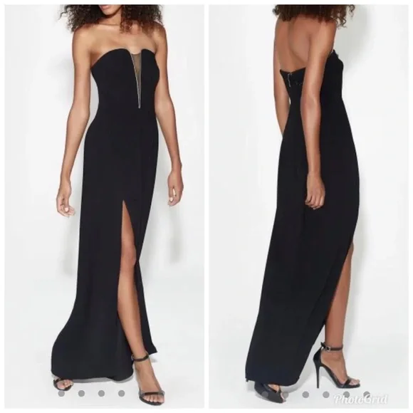 HALSTON HERITAGE Black + Silver Strapless Deep V Formal Maxi Gown Dress Size 6 - Picture 2 of 11